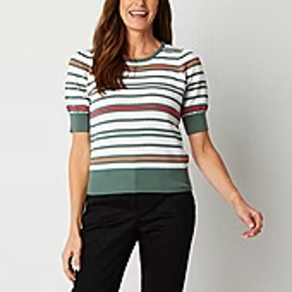 NWT Liz Claiborne Green Striped Short Sleeve Knit Sweater Women's Size XL - Picture 1 of 5